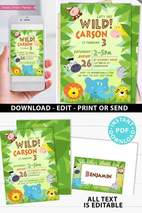 Jungle Safari Theme Birthday Invitation Printable, Safari Invitation, Zoo Birthday, Jungle Birthday Invite, Zoo Invite, INSTANT DOWNLOAD press print party