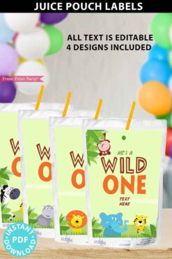 Wild ONE Birthday decorations Printables, juice pouch labels,First Birthday Party Decor for Boys or Girls, Wild One invitation, Jungle Party, INSTANT DOWNLOAD press print party