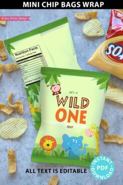 Wild ONE Chip Bag Printable Template, Editable, Safari Chip Bag, Jungle Safari Theme Birthday, Chip Bag Labels, INSTANT DOWNLOAD press print party