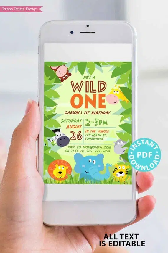 Wild ONE Birthday Invitation Printable, First Birthday Invitation, Safari Theme, Jungle Party, Wild One Invitation, INSTANT DOWNLOAD press print party