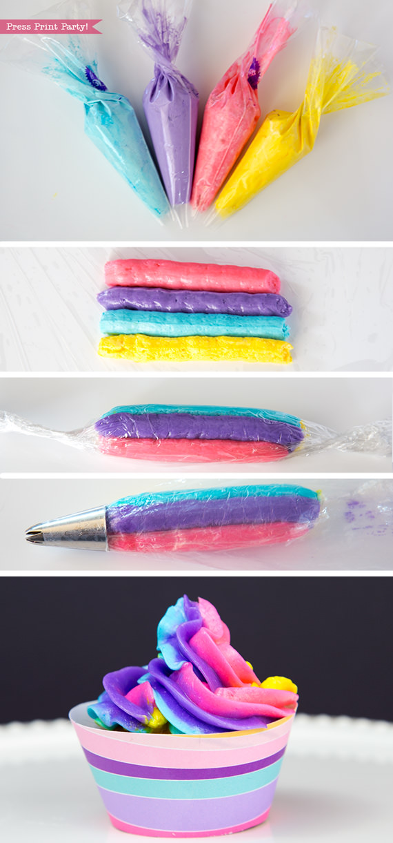 5 images showing the progression on how to make Rainbow Swirl Frosting for Unicorn Cupcakes