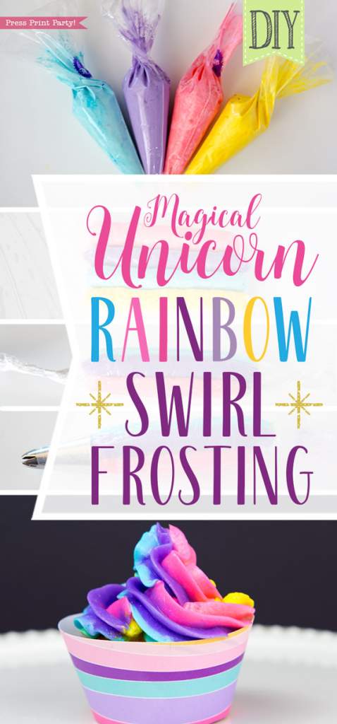 DIY Rainbow Swirl Frosting (Unicorn Cupcakes) make your own rainbow frosting for unicorn cupcakes- Press Print Party!