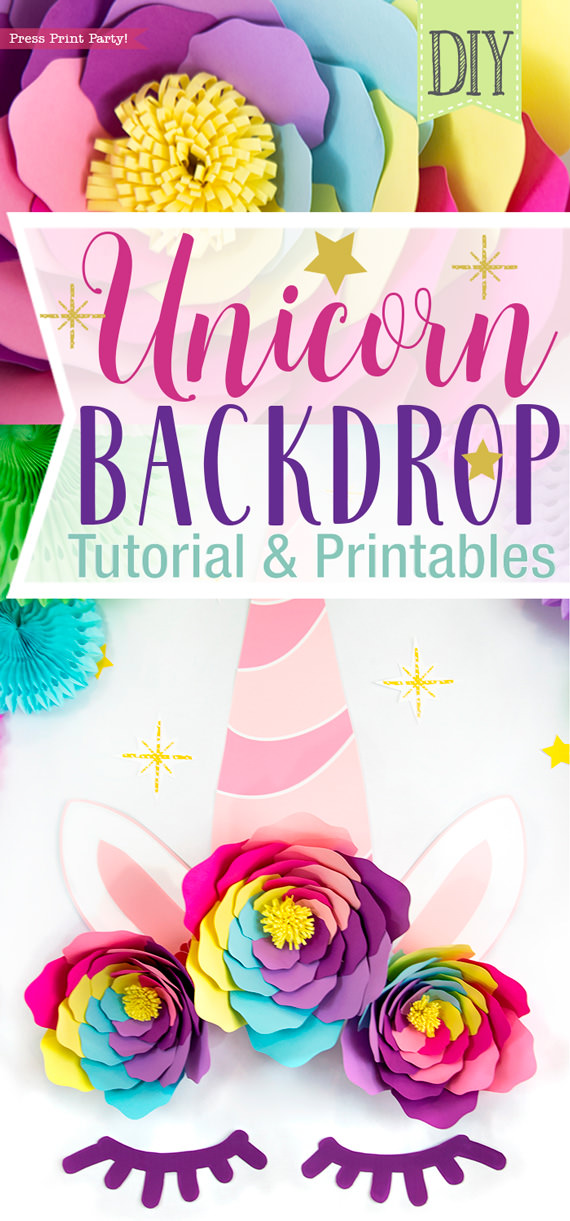 DIY Unicorn backdrop with tutorial and printables. Large unicorn horn with colorful paper flowers and sleepy eyes - by Press Print Party!