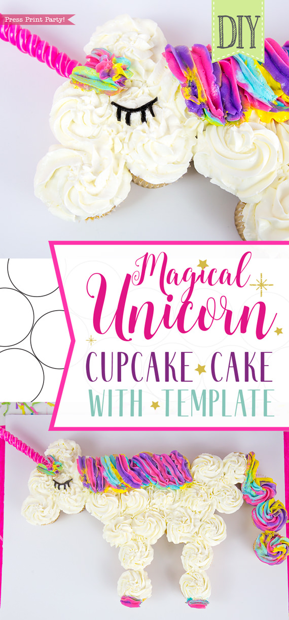 Unicorn cupcake cake DIY with free template and video instructions - Press Print Party!