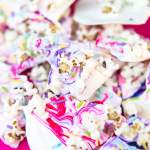White chocolate bark with popcorn and sprinkles