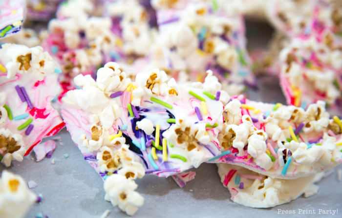 White chocolate bark with popcorn and sprinkles