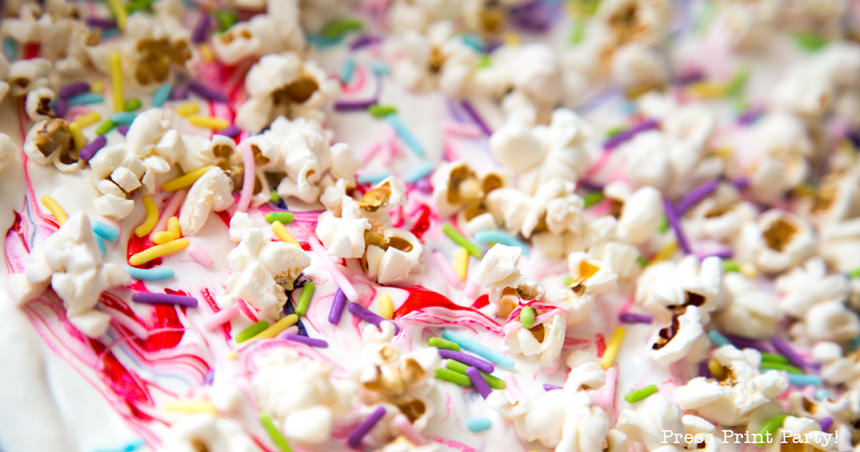 White chocolate bark with popcorn and sprinkles