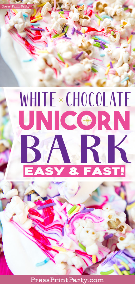 Colage picture of white chocolate unicorn bark