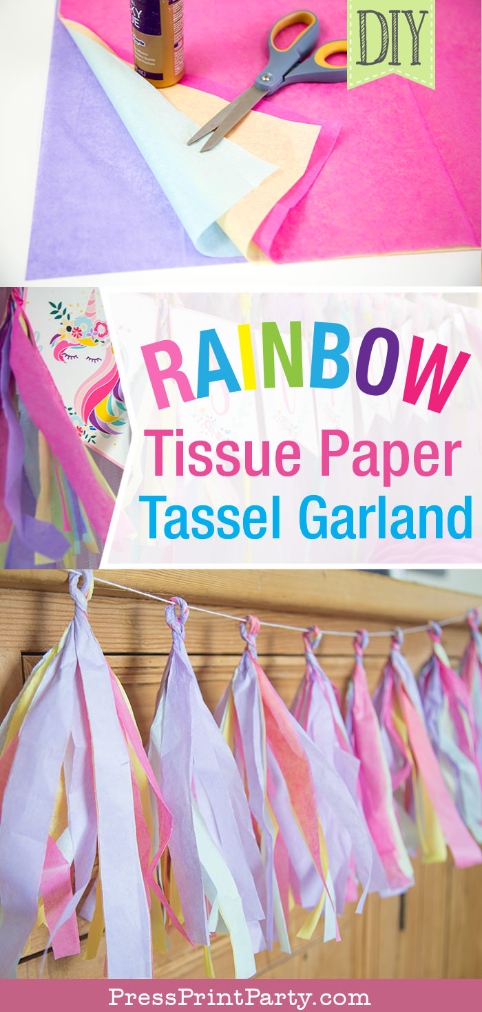 Tassel garland on buffet with text.Rainbow Tissue Paper Tassel Garland DIY.