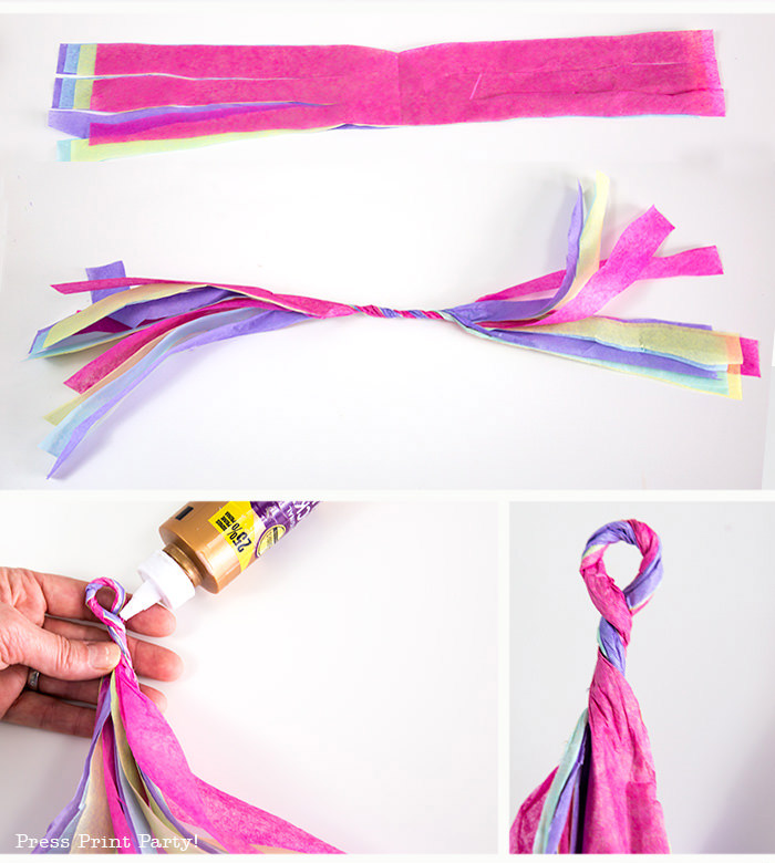Rainbow Tissue Paper Tassel Garland DIY - twisting the tissue paper