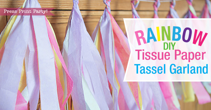 Tassel garland on buffet with text.Rainbow Tissue Paper Tassel Garland DIY. 