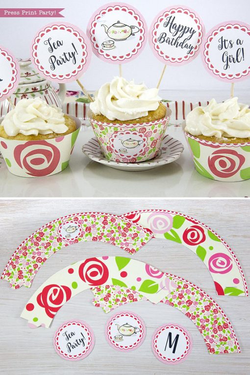 Tea Party Cupcake Toppers and Cupcake Wrappers Printables, Tea Party Cupcake wraps