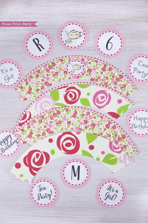 Tea Party Cupcake Toppers and Cupcake Wrappers Printables, Tea Party Cupcake wraps