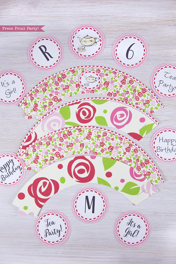 Tea Party Cupcake Toppers and Cupcake Wrappers Printables, Tea Party Cupcake wraps