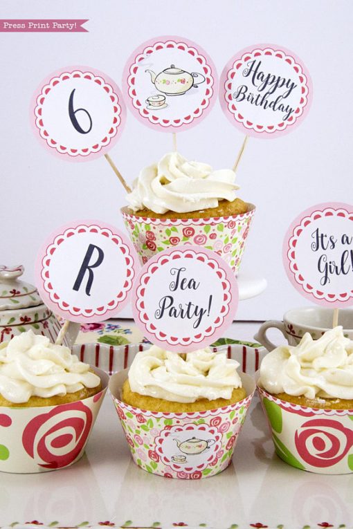 Tea Party Cupcake Toppers and Cupcake Wrappers Printables, Tea Party Cupcake wraps