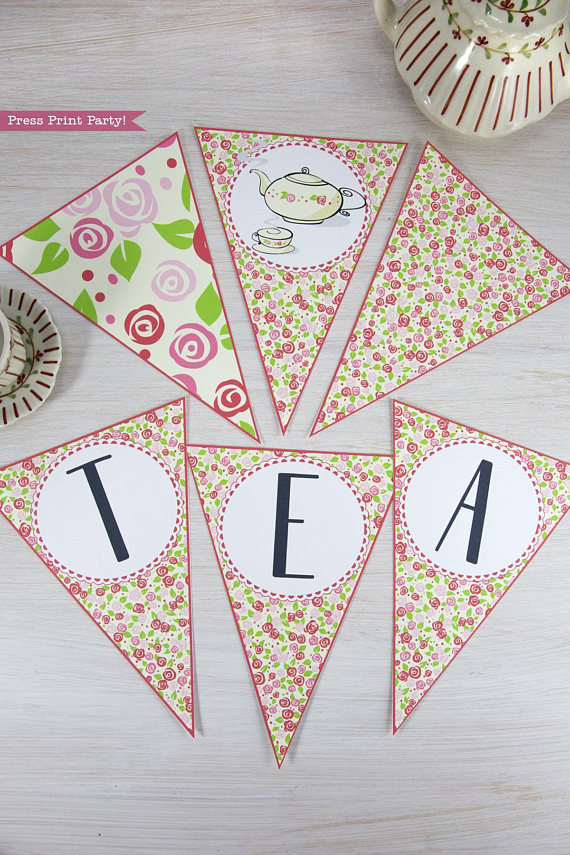 Tea Party Triangle Banner Printable, Tea Party Bunting