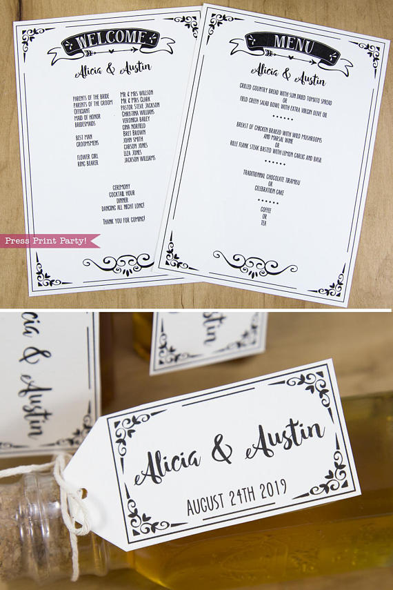 Wedding Invitation Template Printable Set, Wedding Invitation Suite, menu and welcome cards, favor tags