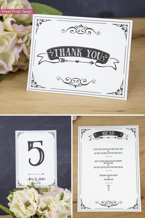 Wedding Invitation Template Printable Set, Wedding Invitation Suite, Thank you note, table numbers and menu card