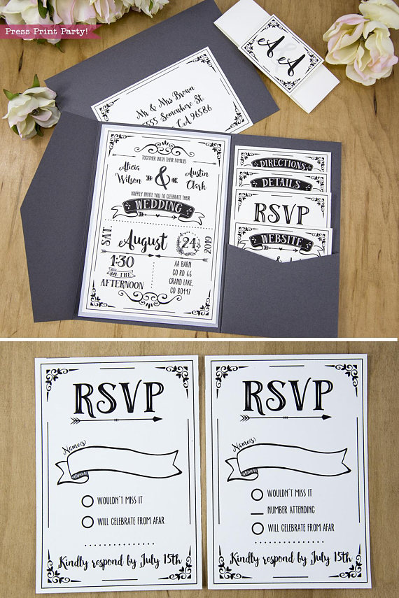 Wedding Invitation Template Printable Set, Wedding Invitation Suite, and 2 rsvp cards