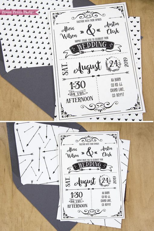 Wedding Invitation Template Printable Set, Wedding Invitation Suite, with envelope insert wth arrows and hearts