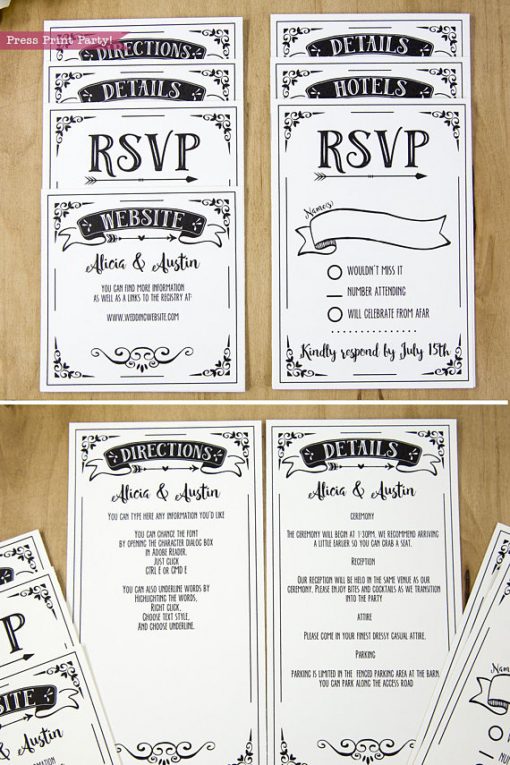 Wedding Invitation Template Printable Set, Wedding Invitation Suite, rsvp cards and insert cards for pocket