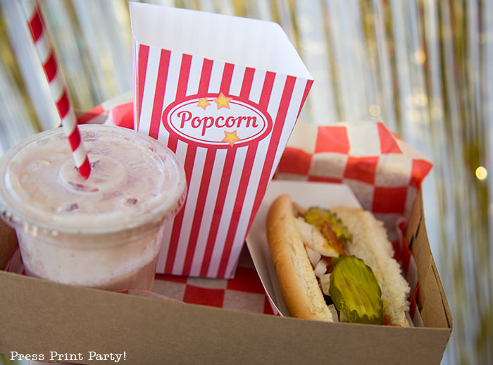 popcorn box with hotdog and shake.Printables by Press Print Party!