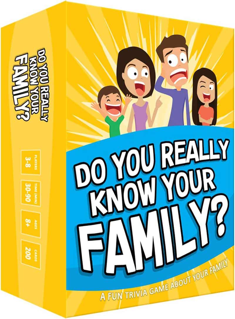 A yellow game box featuring cartoon illustrations of a family of four, smiling and laughingβperfect for family game night. The title reads "Do You Really Know Your Family?" with details about player count, age, and duration on the side.