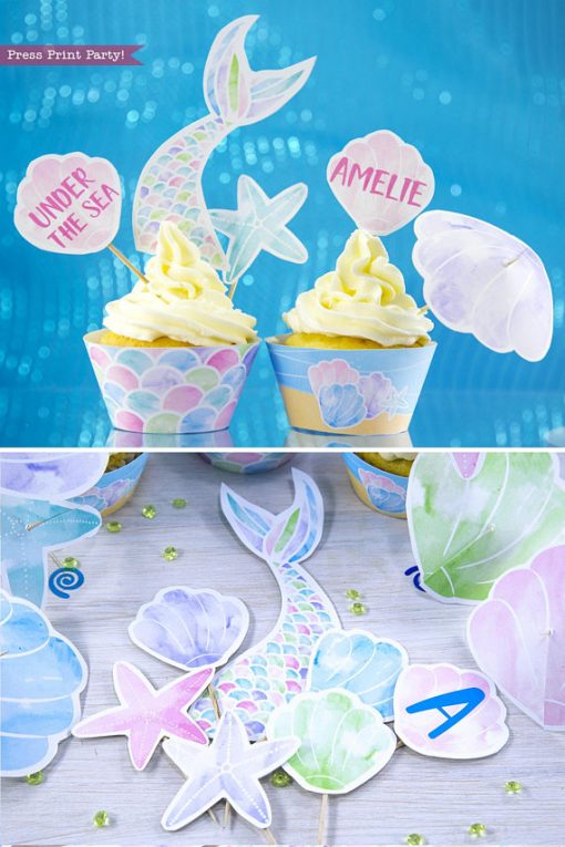 Mermaid cupcakes. Printable cupcake toppers and wrappers. 2 cupcakes with mermaid tail and shells topper. Printables by Press Print Party!