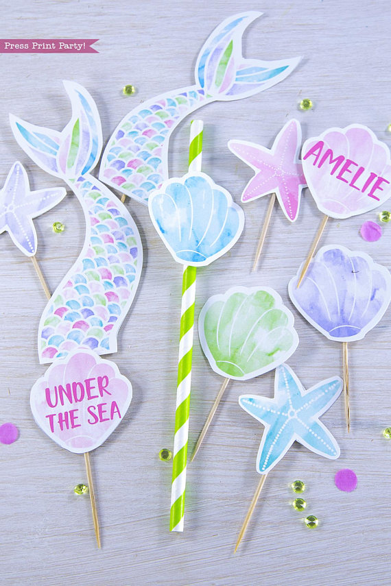 Mermaid cupcake toppers. Mermaid tails & shells. Straw topper. Printables by Press Print Party!