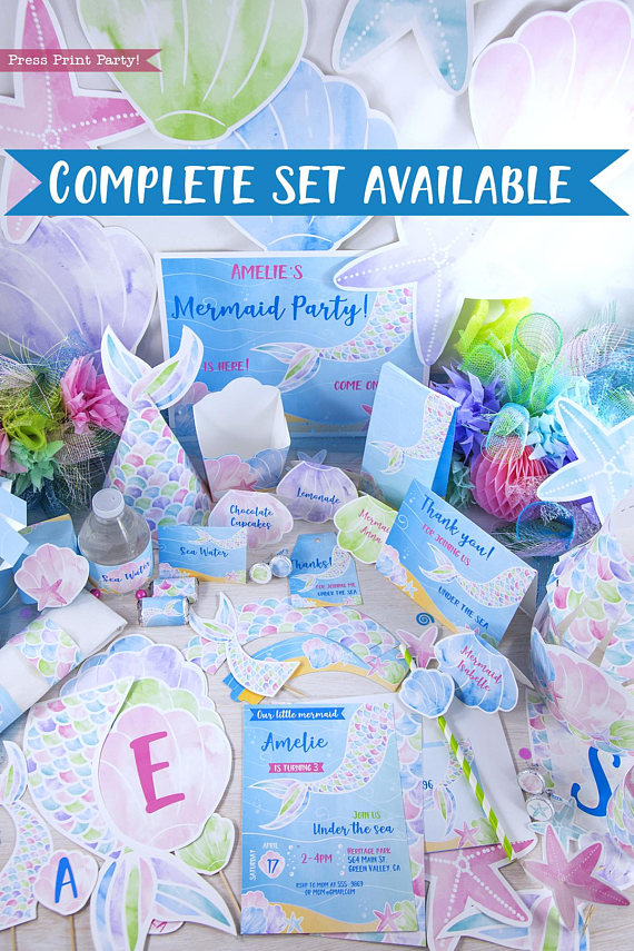 Complete mermaid printable bundle with everything you need for a mermaid party. Invitation to thank you note. Printables by Press Print Party!