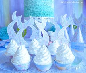 Mermaid cupcakes with mermaid tail wrappers. Printables by Press Print Party!