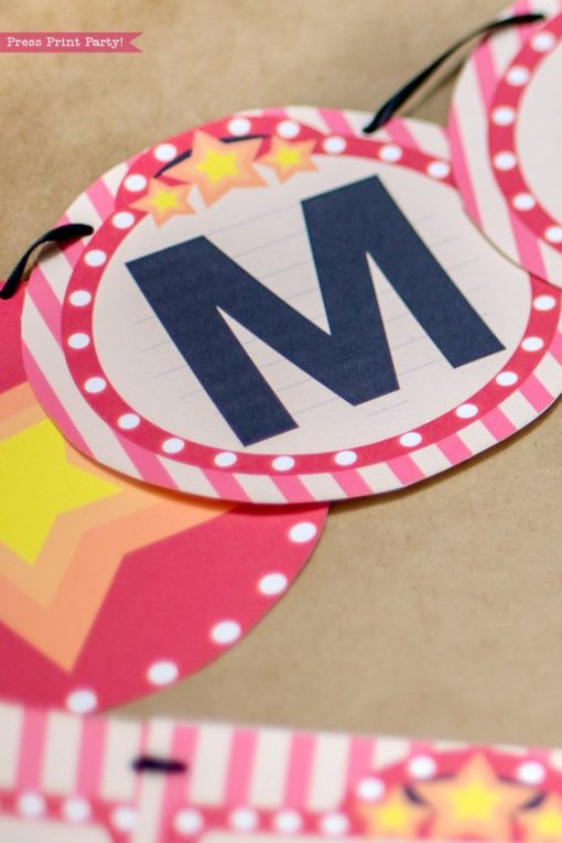 Movie night party banner. Close up of one letter and star. Round banner - Press Print Party!