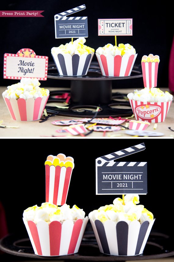 4 movie night cupcakes. 4 printable wrappers. Popcorn box cupcake toppers, movie reel, clapper, marquee.
