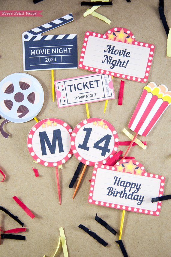 Movie Night Cupcate toppers. Movie marquee, popcorn box, clapper, ticket and round toppers with letters and numbers. Press Print Party!