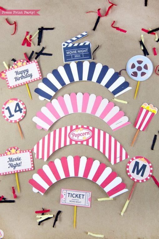 Movie Night Cupcate toppers. Movie marquee, popcorn box, clapper, ticket and round toppers with letters and numbers. Press Print Party!