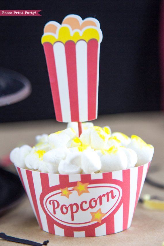 Movie night popcorn cupcake with popcorn box wrapper and topper. Printables by Press Print Party!