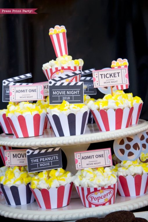 Movie night cupcakes. 4 printable wrappers. Popcorn box cupcake toppers, movie reel, clapper, marquee, ticket. Printables by Press Print Party!.