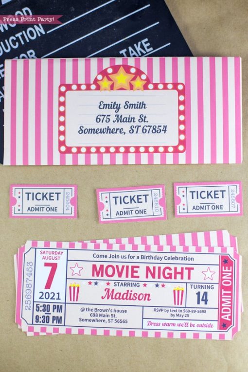 movie night ticket stub invitation with individual tickets and a printable envelope. Press Print Party!