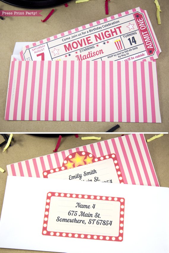 movie night ticket stub invitation coming out of a printable envelope.