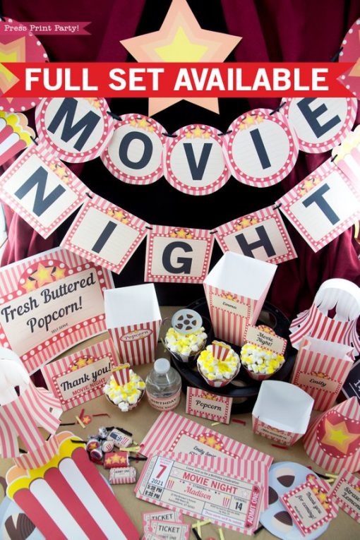 movie night printables full set with banner, popcorn boxes, ticket invitation, cupcakes, sign, hat and more