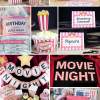 Movie Night printables, popcorn box, ticket invitation, water bottle wrap, popcorn cupcake, place cards, banner, marquee letters and kiss labels