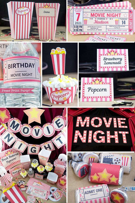Movie Night printables, popcorn box, ticket invitation, water bottle wrap, popcorn cupcake, place cards, banner, marquee letters and kiss labels