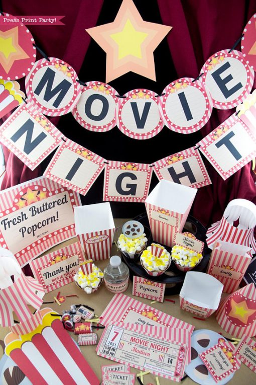 movie night printables full set with banner, popcorn boxes, ticket invitation, cupcakes, sign, hat and more