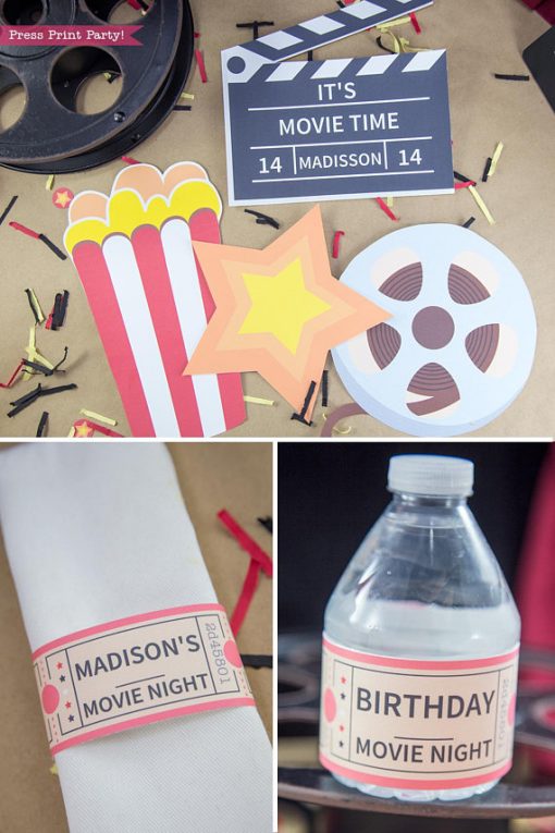 Movie night decorations. popcorn box, star, movie reel. napkin ring and water bottle label- Press Print Party!