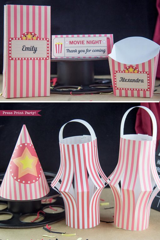 Movie night favor boxes, party hats and lantern decorations. - Press Print Party!