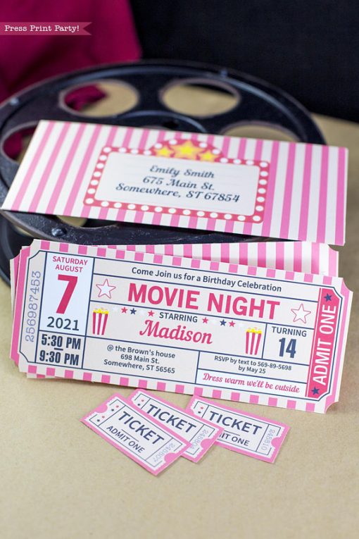 movie night ticket stub invitation with individual tickets and a printable envelope. Press Print Party!