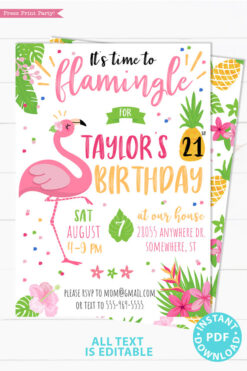 flamingo invitation for tropical birthday party - Press PrintParty instant digital download