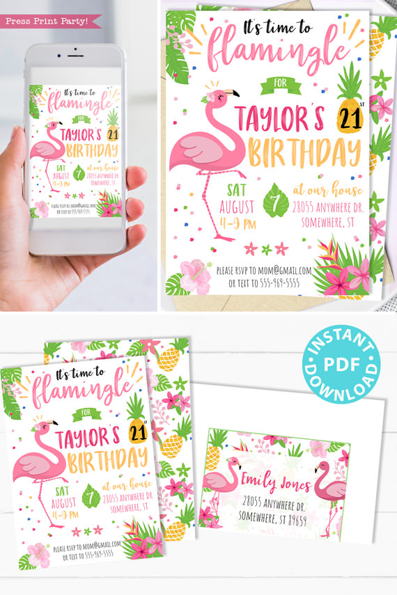 flamingo invitation for tropical birthday party - Press PrintParty instant digital download