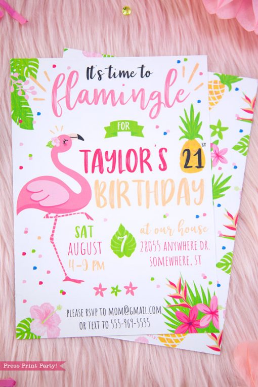 Flamingo party Invitation with girl pink flamingos - Printables by Press Print Party!