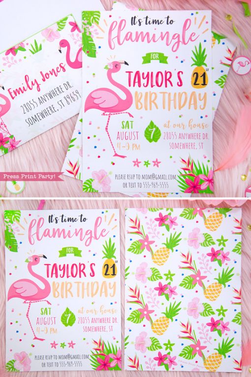 Flamingo party Invitation with girl pink flamingos - Printables by Press Print Party!